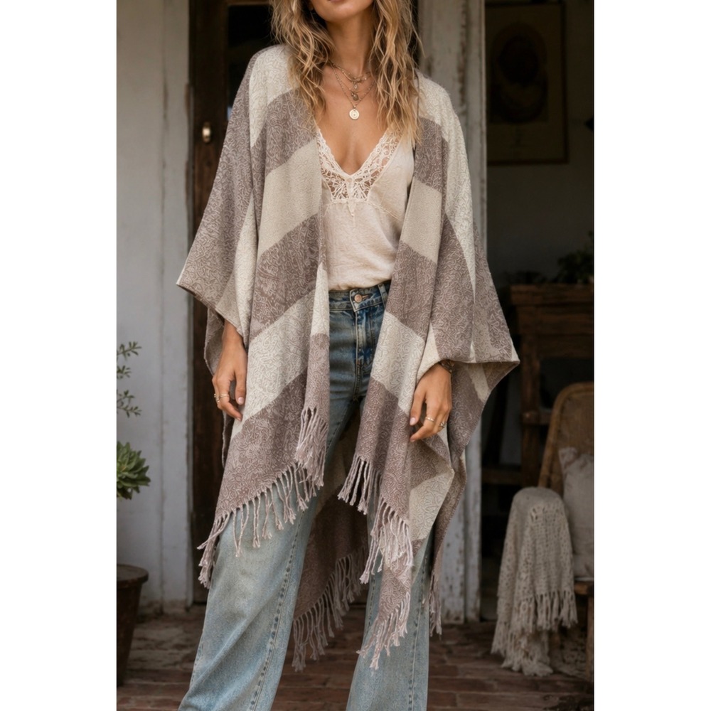Preston & York Striped Fringe Oversized Poncho Western Yellowstone Cozy Layering